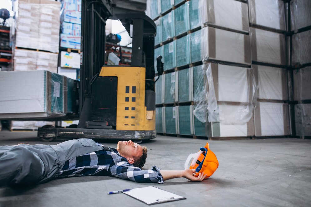 Worker lying on a construction site floor