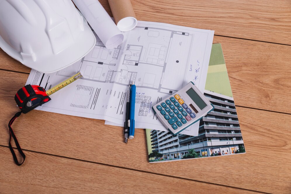 Construction plan and calculator on contractor desk