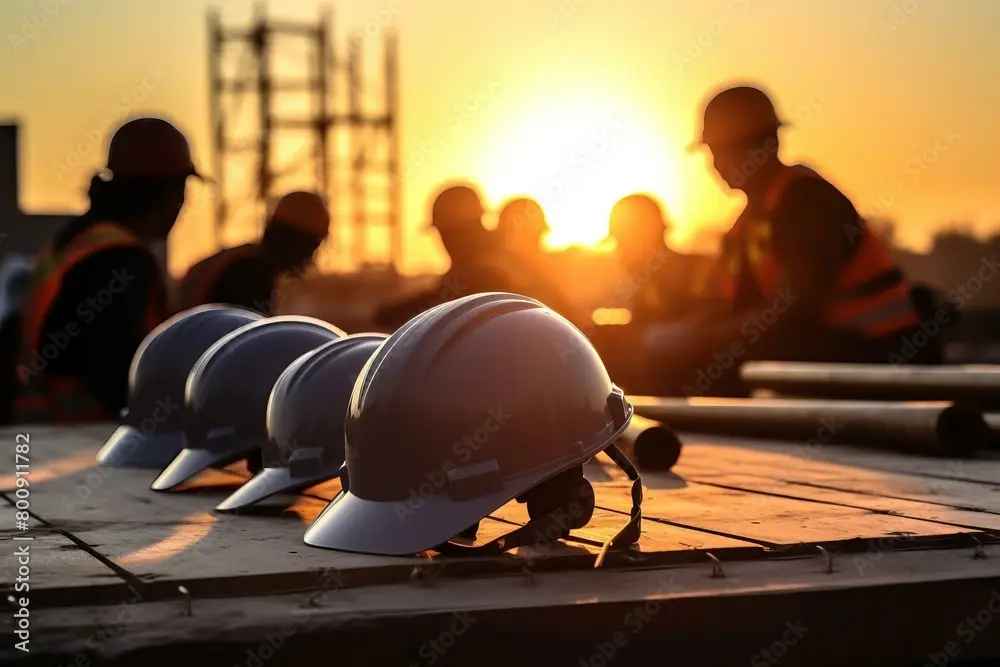 Workers hetmets on the table